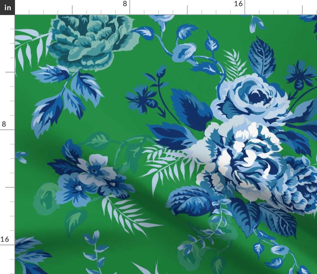 Jumbo Grandmillenial Roses blue on green - Regency large