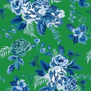 Grandmillenial Roses blue and white on green - medium