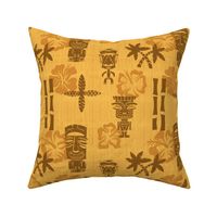 Golden Tiki Repeating Pattern with Palm Trees and Hibiscus Flowers