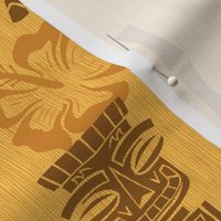 Golden Tiki Repeating Pattern with Palm Trees and Hibiscus Flowers