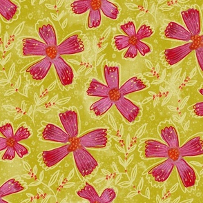 Magenta and Mustard Drawn Flowers