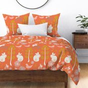 Bunnies Birds and Daisies - Orange - Large Scale.