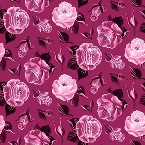 Vintage Folk Art Rose Pattern Swatch Pink Monochrome