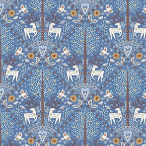 S- peaceful forest - folk art inspired - on blue textured background - small scale / 10.5" fabric / 6" wallpaper