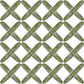 $ Medium scale Cross stitch garden trellis in moss green and off white - graphic minimalist design for adult apparel, grasscloth wallpaper, home decor items.