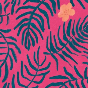 palm leaves and tropicl flowers on bright pink by rysunki_malunki