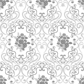 Luxury Damask style grey pattern, floral and swirl, hand drawn pattern.