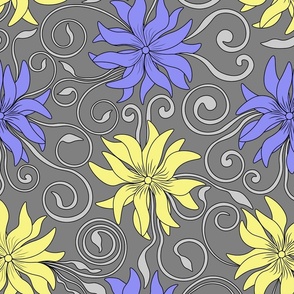 Yellow and blue flowers, swirl pattern, grey background.