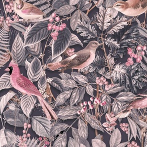 Autumn Forest Hygge Cottagecore Pattern With Birds Pink Grey