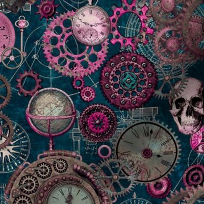 Steampunk Retro Gothic Grunge Collage Teal Pink Smaller Scale