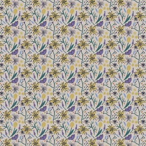 Flourish- flowers - purple, green, yellow, blue, beige background - small