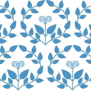 Blue Rose Flower and Vines Ogee on White