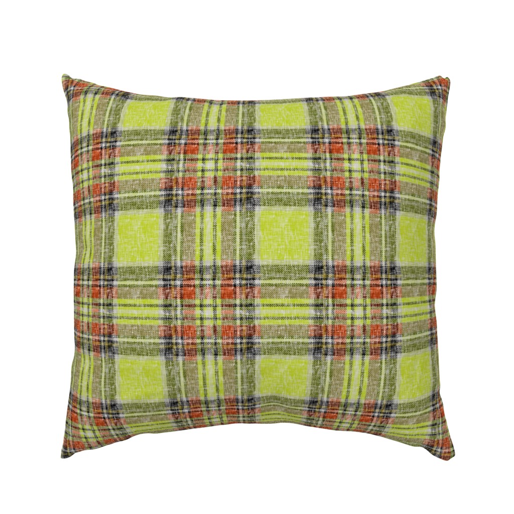 Distressed Heathery Stewart Plaid in Bright Green + Dark Orange  by Su_G_©SuSchaefer