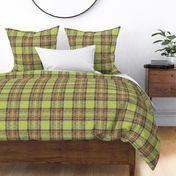 Distressed Heathery Stewart Plaid in Bright Green + Dark Orange  by Su_G_©SuSchaefer