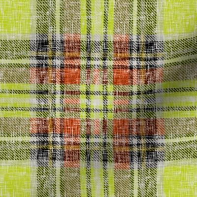 Distressed Heathery Stewart Plaid in Bright Green + Dark Orange  by Su_G_©SuSchaefer