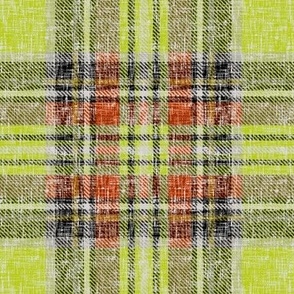 Distressed Heathery Stewart Plaid in Bright Green + Dark Orange  by Su_G_©SuSchaefer