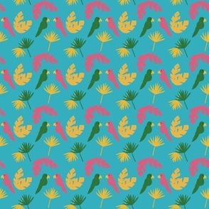 Tropical Birds and Leaves - Summer Pool Turquoise Pink Yellow Green
