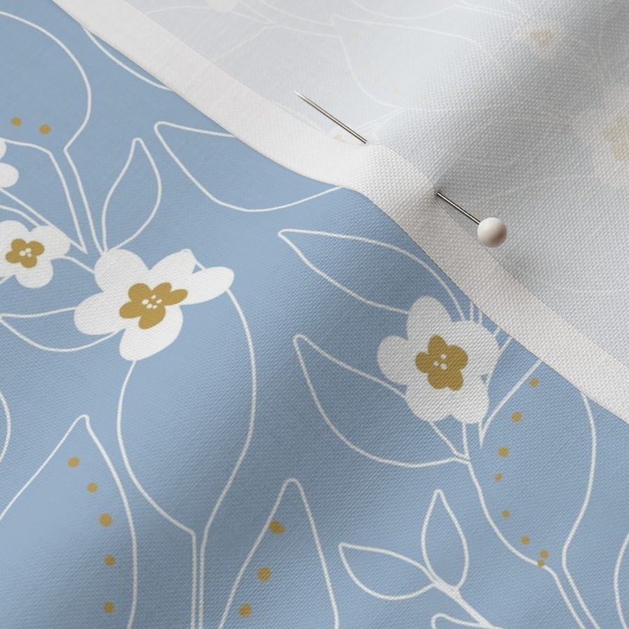 elegant ditsy  flowers and leaves silhouette | baby blue, white and golden | field of flowers