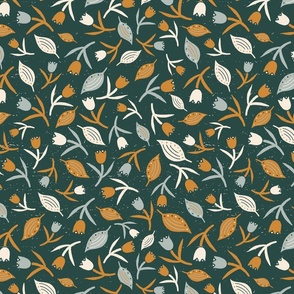 Tulips & Leaves | Medium Scale | Dark Teal Dusty Blue Cream Copper Orange