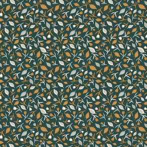 Tulips & Leaves | Small Scale | Dark Teal Dusty Blue Cream Copper Orange