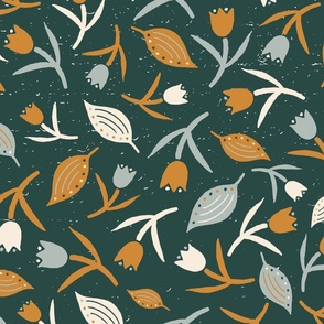 Tulips & Leaves | Large Scale | Dark Teal Dusty Blue Cream Copper Orange