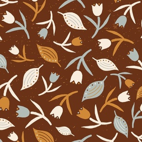 Tulips & Leaves | Large Scale | Dark Brown, Dusty Blue, Cream, Pumpkin Orange