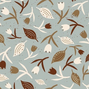 Tulips & Leaves | TL15 | Large Scale | Pale Dusty Blue, Rusty Brown, Light Cream, Tan