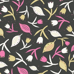Tulips & Leaves | TL13 | Large Scale | Bubblegum Pink, Light Cream, Pale Dusty Yellow, Charcoal Black