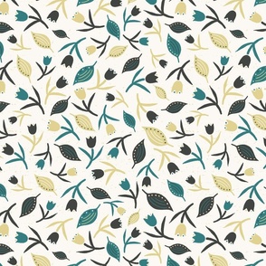 Tulips & Leaves | TL1 | Medium Scale | Light Cream, Teal, Pale Dusty Yellow, Charcoal Black