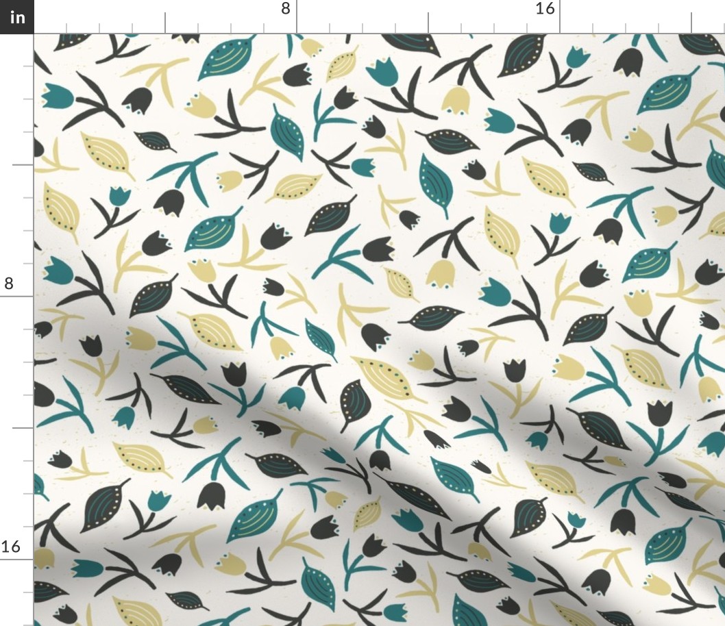 Tulips & Leaves | TL1 | Medium Scale | Light Cream, Teal, Pale Dusty Yellow, Charcoal Black