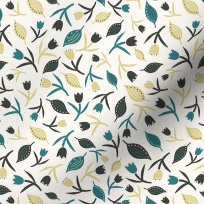 Tulips & Leaves | TL1 | Small Scale | Light Cream, Teal, Pale Dusty Yellow, Charcoal Black