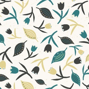 Tulips & Leaves | TL1 | Large Scale | Light Cream, Teal, Pale Dusty Yellow, Charcoal Black