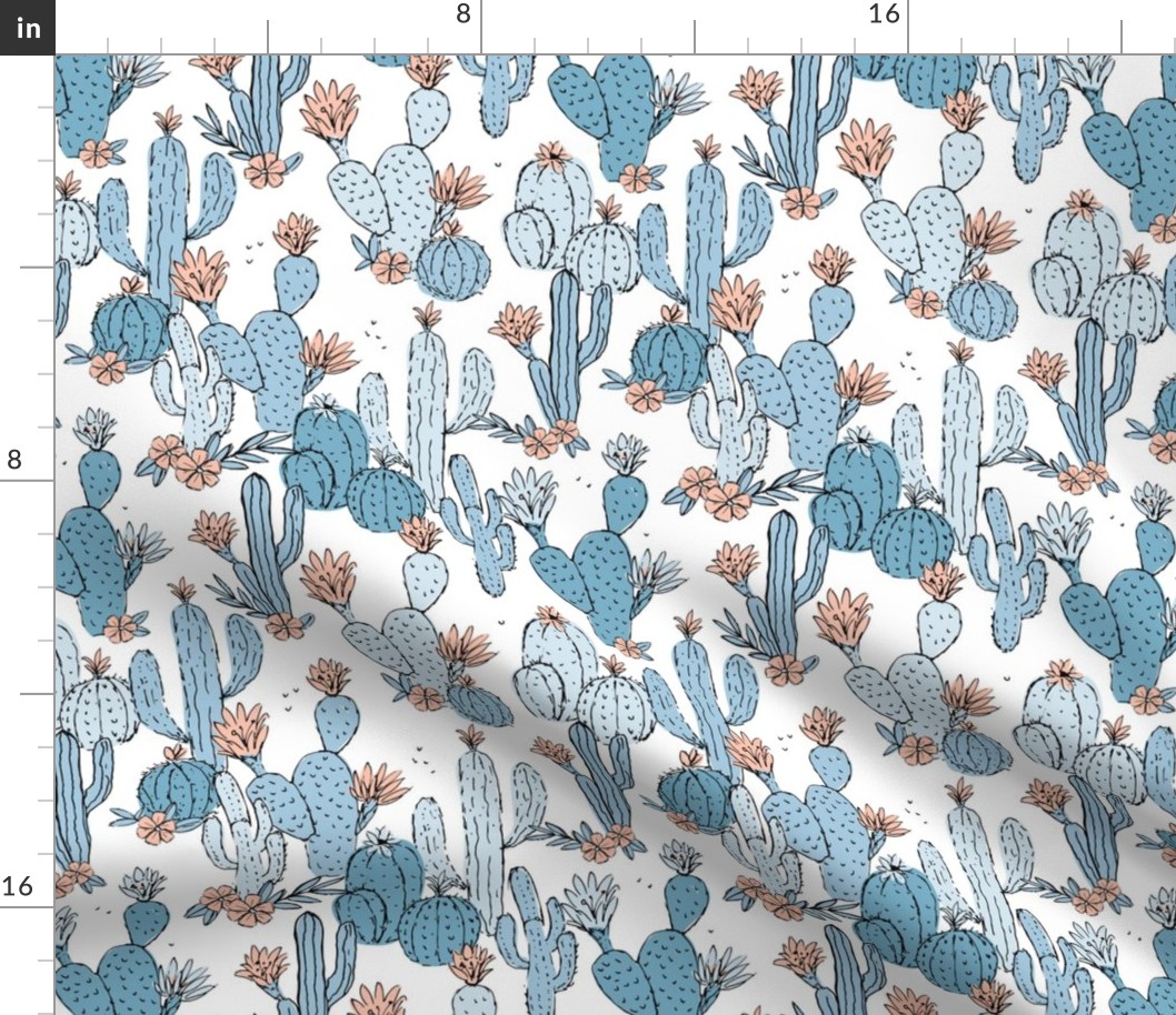 Messy cacti garden - desert flowers moroccan jardin de majorelle summer vibes boho design neutral nursery periwinkle blue peach on white 