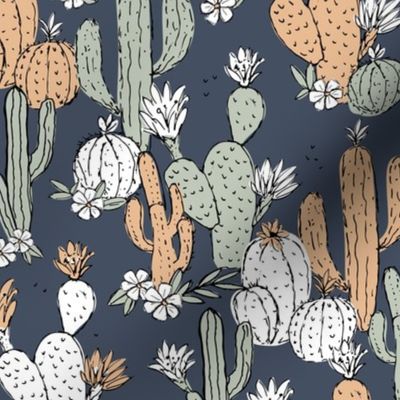 Messy cacti garden - desert flowers moroccan jardin de majorelle summer vibes boho design neutral nursery beige sage green on midnight blue 