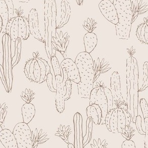 Minimalist messy cacti garden sweet deserts flowers cactus and succulent plants outline beige on ivory sand neutral