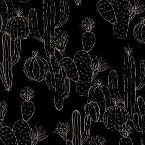 Minimalist messy cacti garden sweet deserts flowers cactus and succulent plants outline white on black monochrome