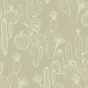 Minimalist messy cacti garden sweet deserts flowers cactus and succulent plants outline white on matcha green summer