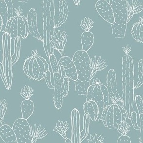 Minimalist messy cacti garden sweet deserts flowers cactus and succulent plants outline white on cool blue summer