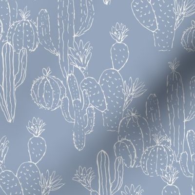 Minimalist messy cacti garden sweet deserts flowers cactus and succulent plants outline white on periwinkle blue summer