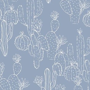 Minimalist messy cacti garden sweet deserts flowers cactus and succulent plants outline white on periwinkle blue summer