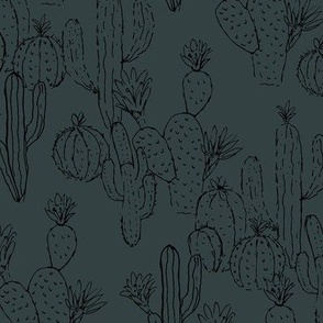 Minimalist messy cacti garden sweet deserts flowers cactus and succulent plants outline black on midnight blue
