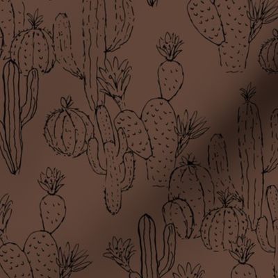 Minimalist messy cacti garden sweet deserts flowers cactus and succulent plants outline black on chocolate brown