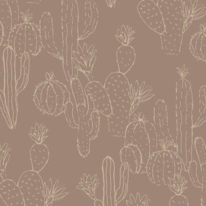 Minimalist messy cacti garden sweet deserts flowers cactus and succulent plants outline beige sand on latte brown cappucchino