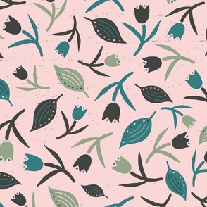 Tulips & Leaves | TL2 | Large Scale | Light Pink, Teal, Sage Green, Charcoal Black