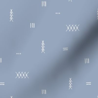 Abstract kelim symbols Arabic textile design ethnic plaid with stitched strokes stripes geometric arrows moody blue