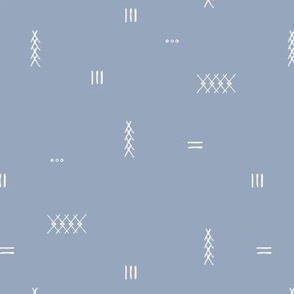 Abstract kelim symbols Arabic textile design ethnic plaid with stitched strokes stripes geometric arrows moody blue