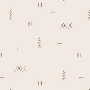 Abstract kelim symbols Arabic textile design ethnic plaid with stitched strokes stripes geometric arrows latte brown on beige sand ivory