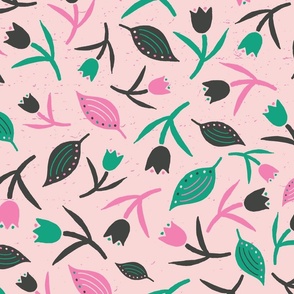 Tulips & Leaves | TL3 | Large Scale | Light Pink, Spring Green, Bubblegum Pink, Charcoal Black