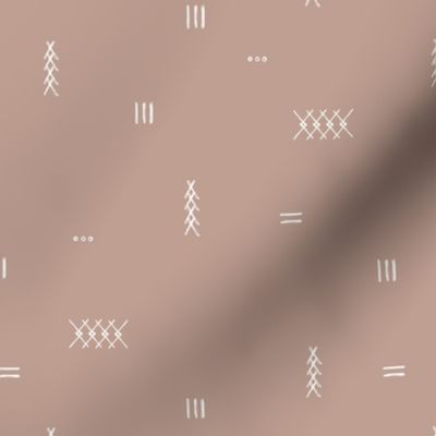 Abstract kelim symbols Arabic textile design ethnic plaid with stitched strokes stripes geometric arrows white on latte brown cappuccino 