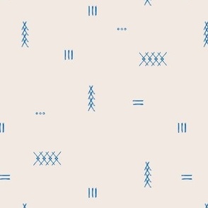Abstract kelim symbols Arabic textile design ethnic plaid with stitched strokes stripes geometric arrows classic blue on ivory sand